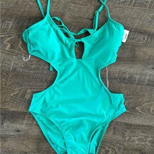 Blue One Piece Swimsuit with Cutout Sides and Lace-Up Detail